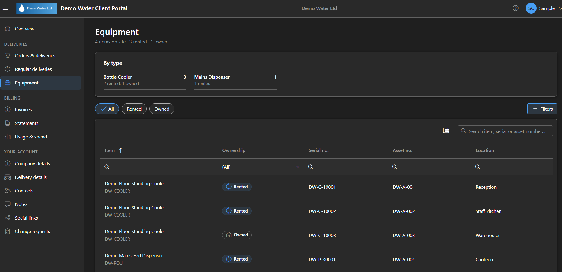 Client Portal equipment list
