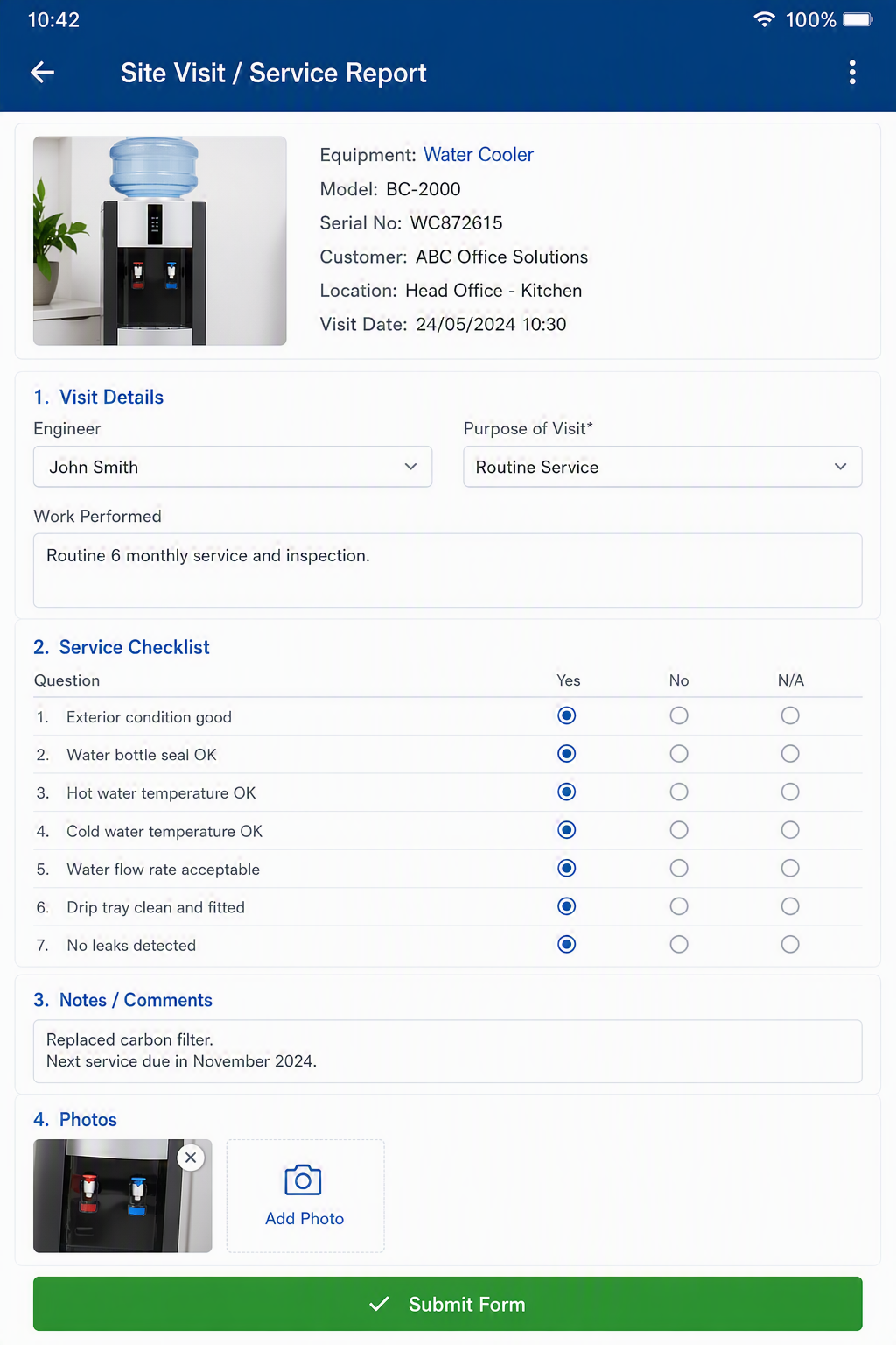 Example eForm on a mobile device showing a site visit and service report