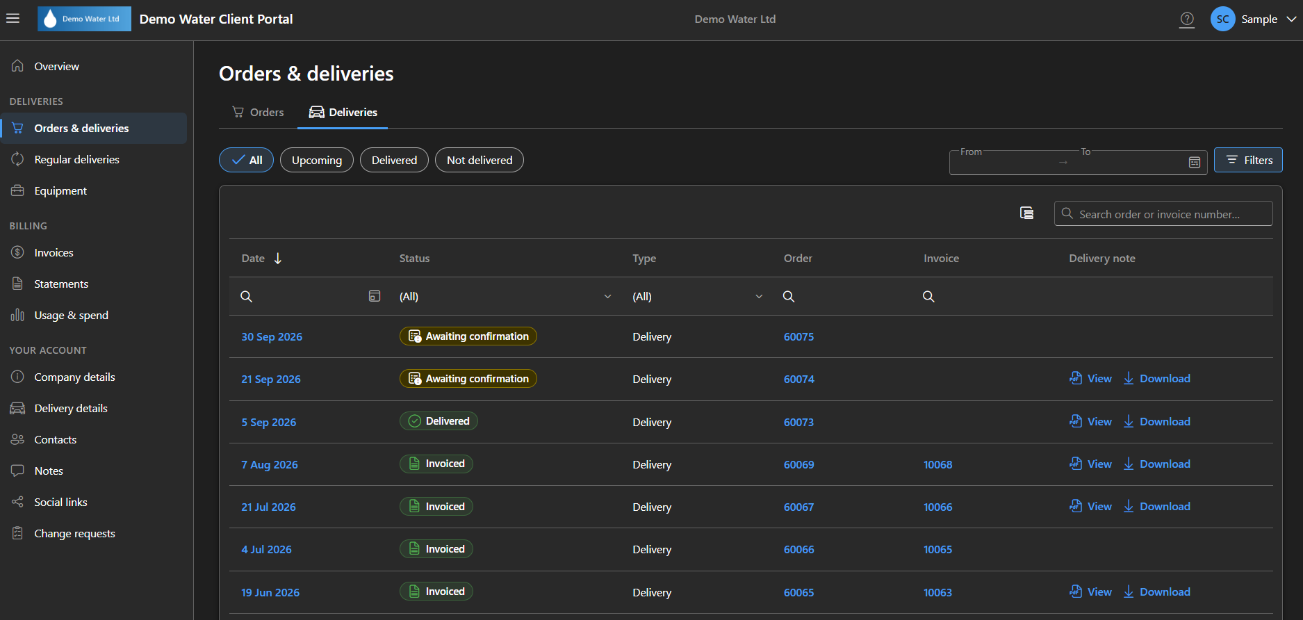 Client Portal orders and deliveries list