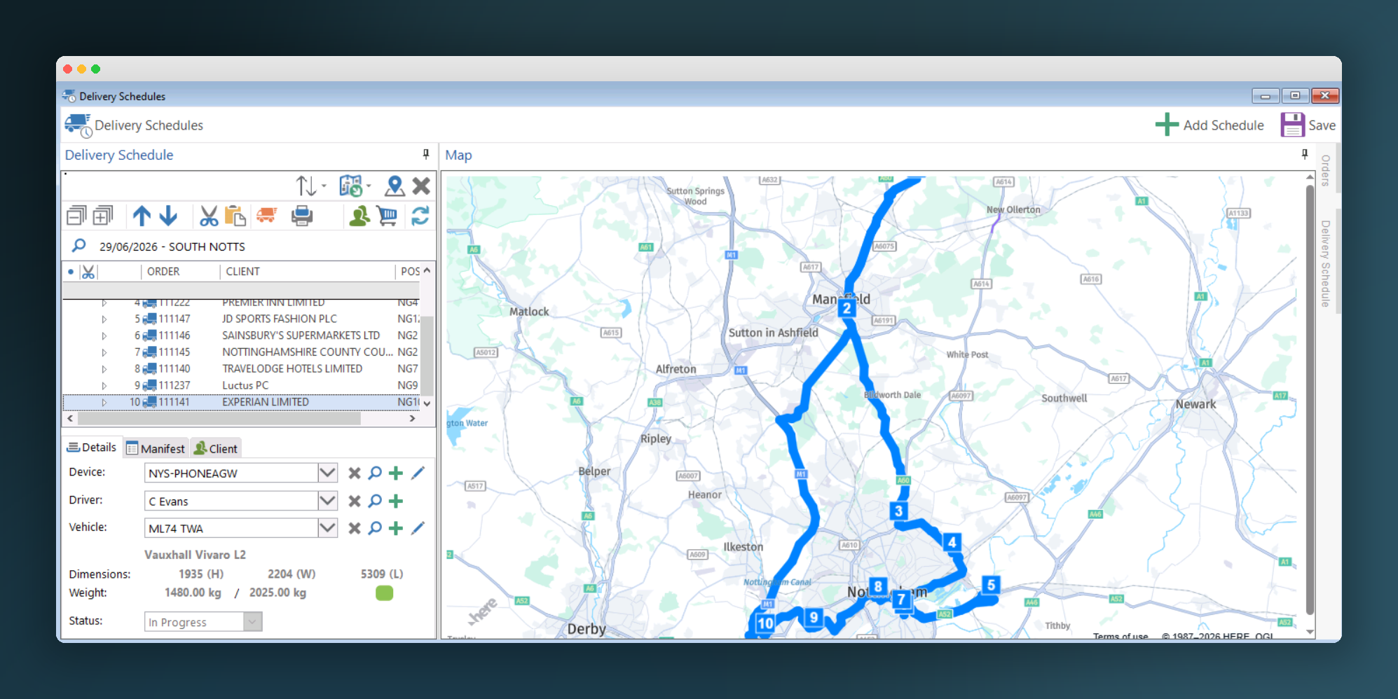 ProWat delivery planning — map view with route, stops, and driver assignment