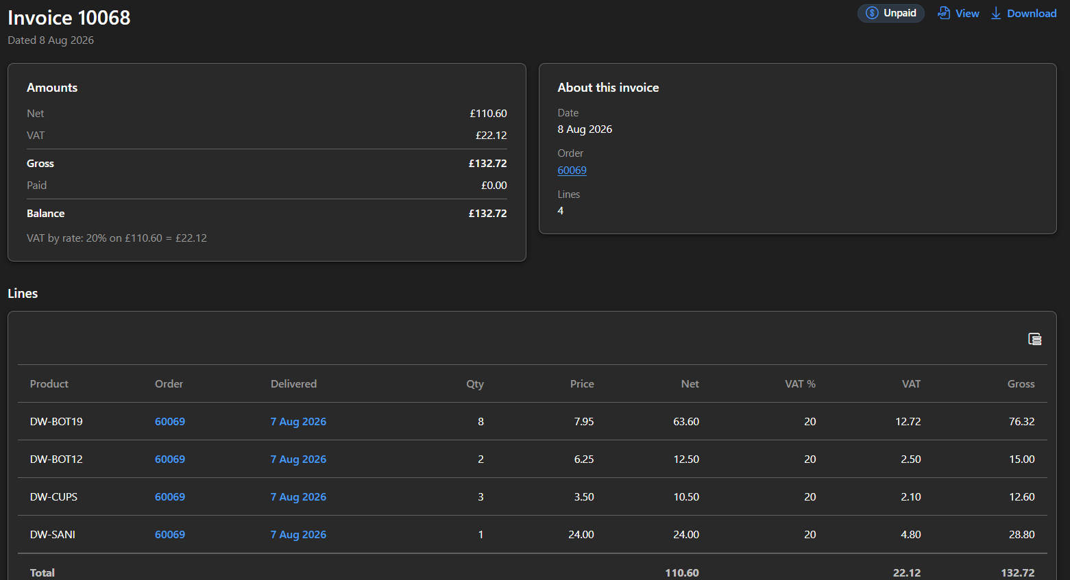 Client Portal invoices with view and download actions