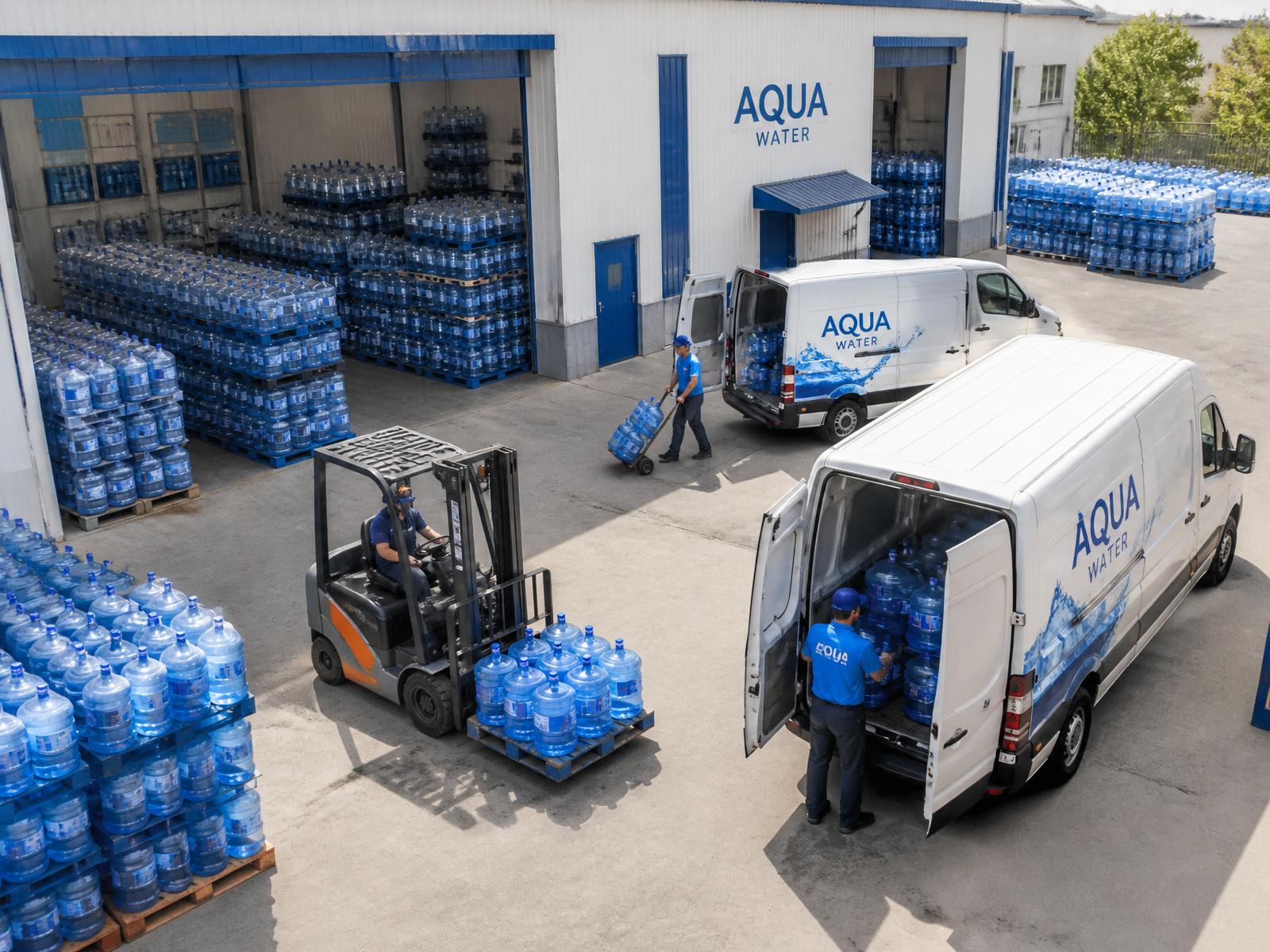 Aerial view of a water bottling distribution yard with delivery vans loading blue cooler bottles