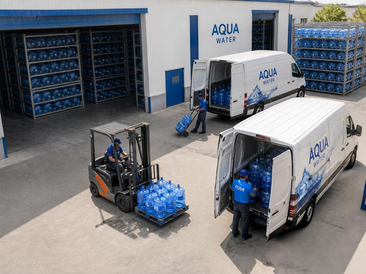 Aerial view of a water bottling distribution yard with delivery vans loading blue cooler bottles